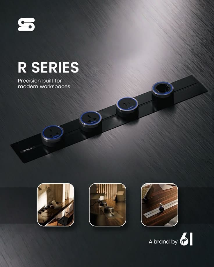 SAGA R Series recessed power track with four adaptor modules fitted