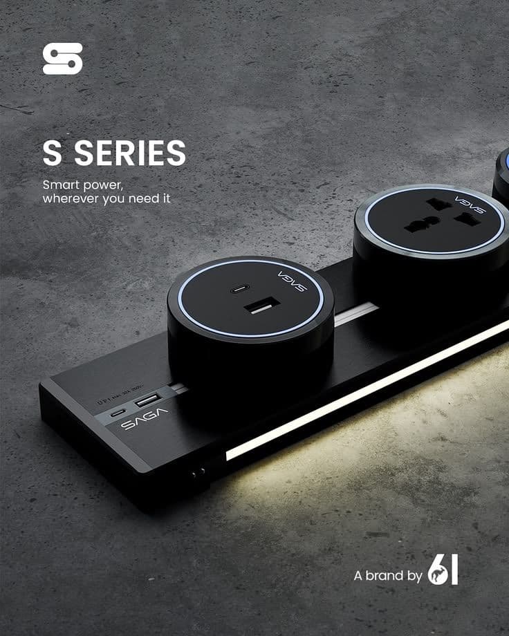 SAGA S Series surface power track with its LED strip lit and two adaptor modules fitted