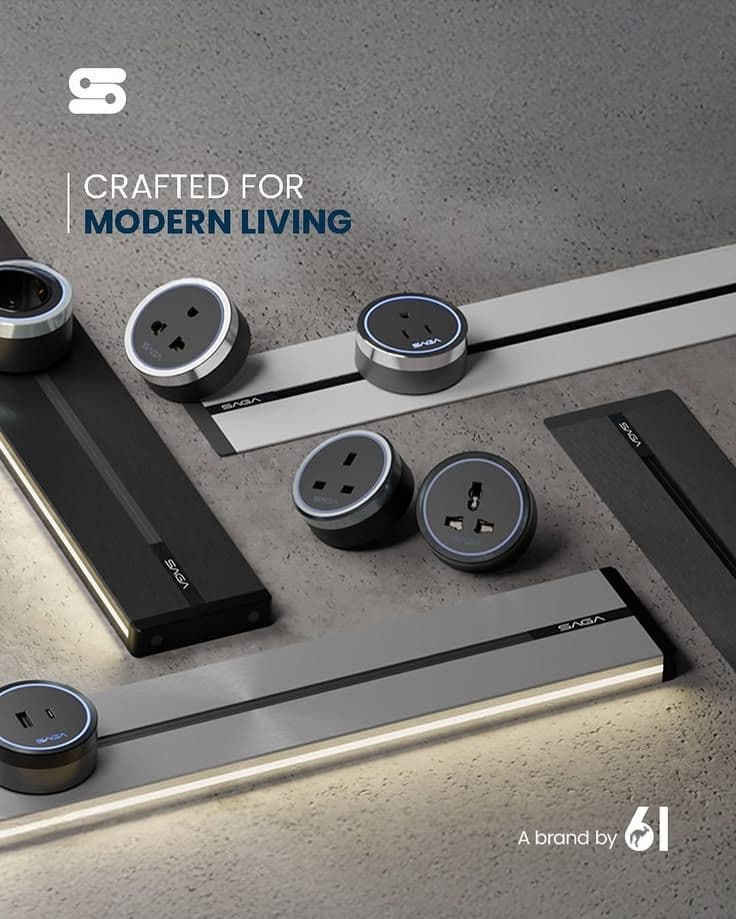 SAGA surface and recessed power track rails with adaptor modules, laid side by side