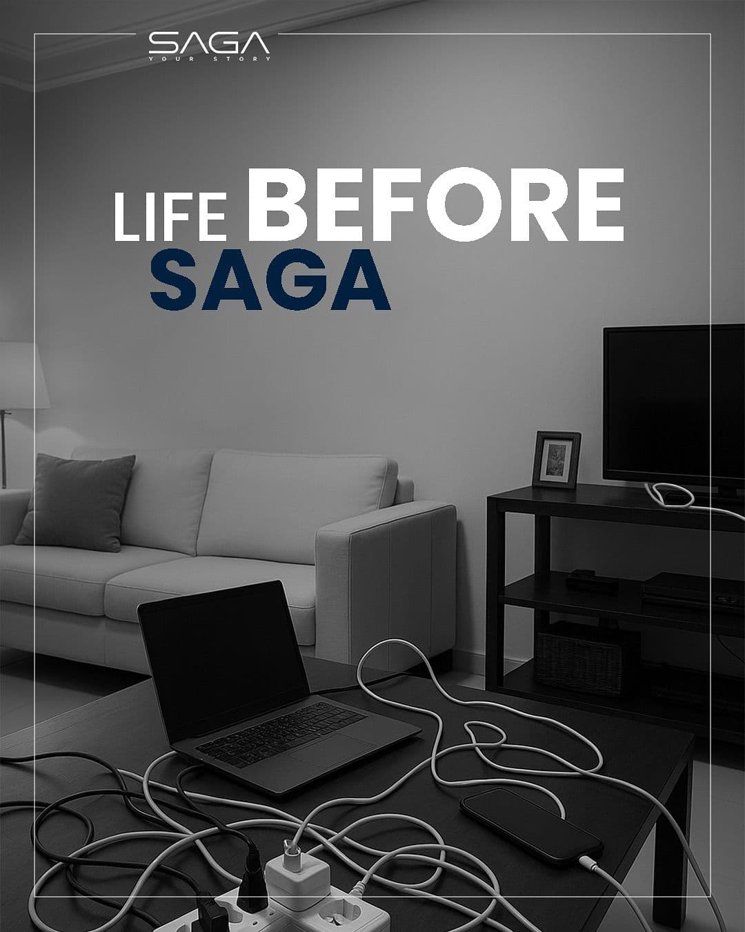 A living room with a laptop and chargers plugged into extension boards on the floor